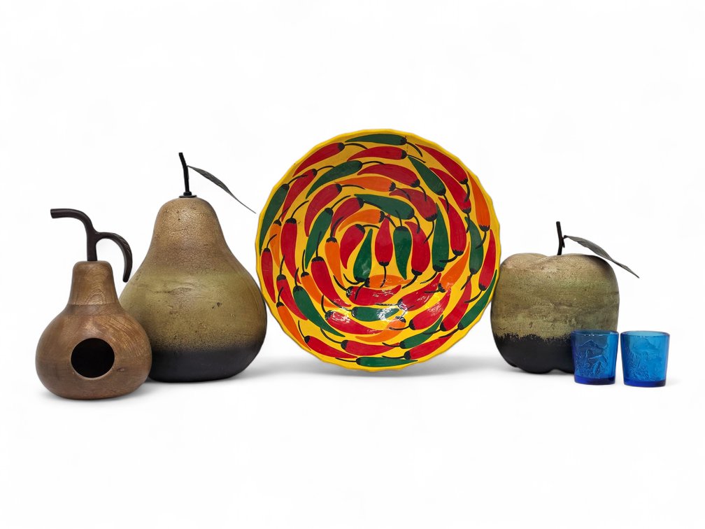 Decorative Fruit, Mexican Chili Pepper Bowl & Cobalt Glass Votive Holders