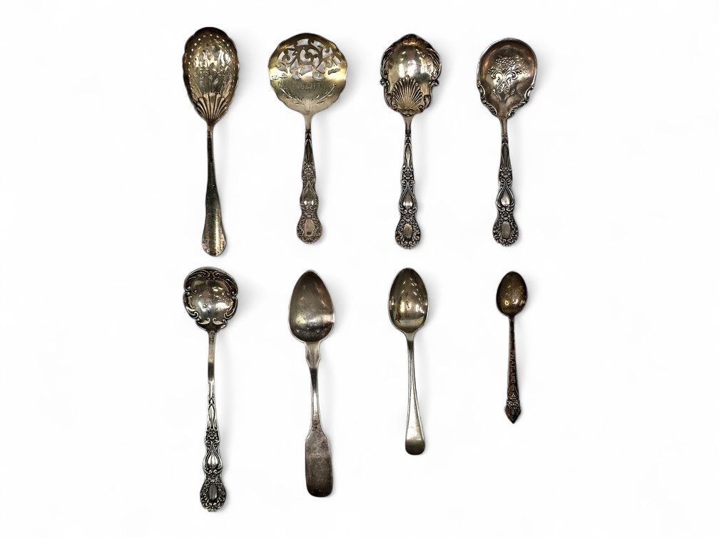 Eight Spoons Including Sterling Silver Examples