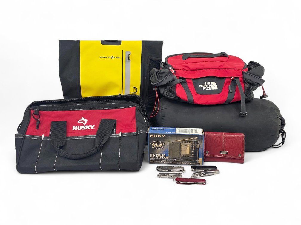 Five Folding Pocket Knives, Sony Radio, Husky Tool Bags & REI Sleeping Bag