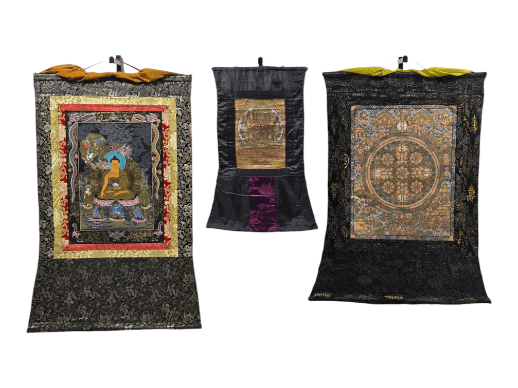 Three Tibetan Buddhist Thangka Hangings — Buddha, Avalokiteshvara & Tantric Deity