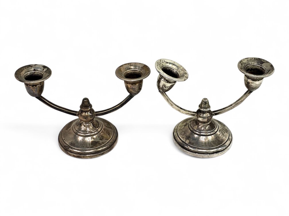 Pair of Weighted Sterling Silver Two-Arm “M” Monogram Candelabra, 456 Grams Gross