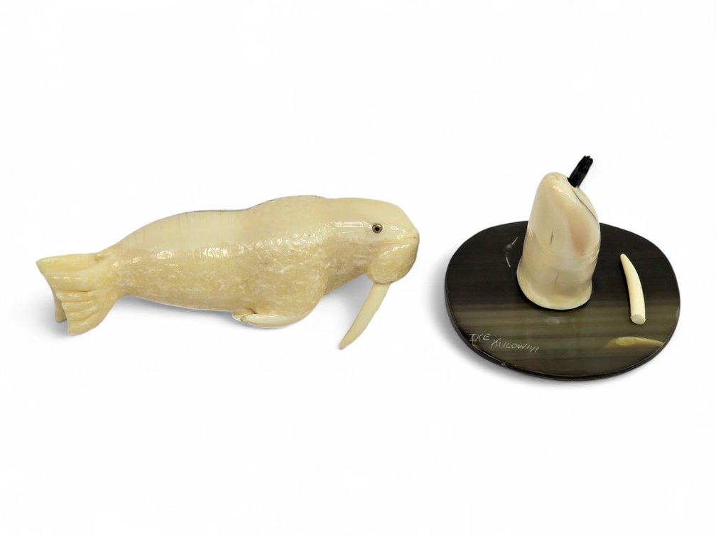 Ike Kulowiyi Walrus Ivory Swimming Walrus with Baleen Base & Detached Tusk