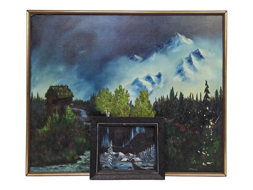 Two Original Ursula Cabin & Northern Lights Paintings
