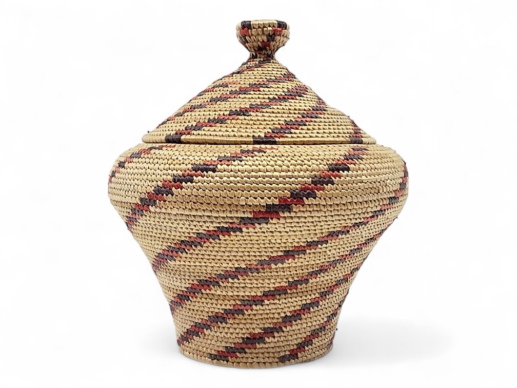 Florence Clement Hooper Bay Yup’ik Coiled Grass Basket with Spiraling Bands & Conical Lid