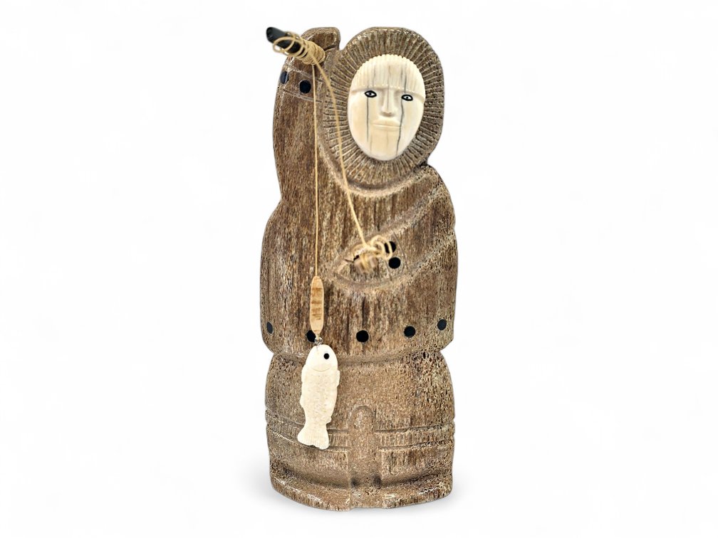 Thomas M. Barr Whalebone & Walrus Ivory Ice-Fishing Figure, Shishmaref