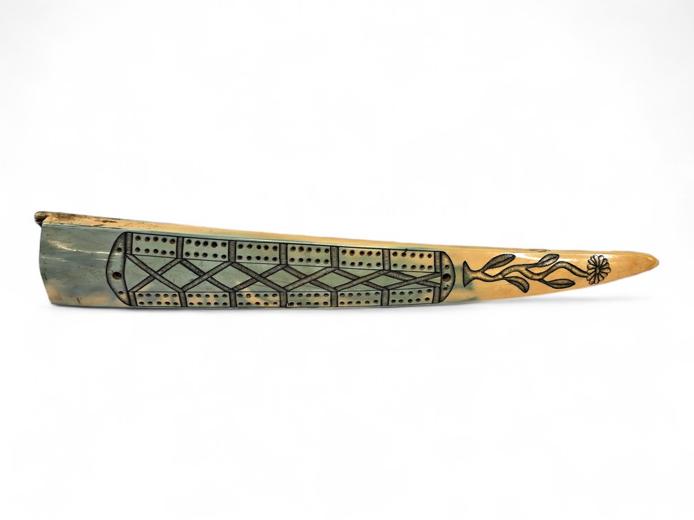 Walrus Ivory Scrimshaw Cribbage Board with Kayak Hunter & Seals, 14 Inches