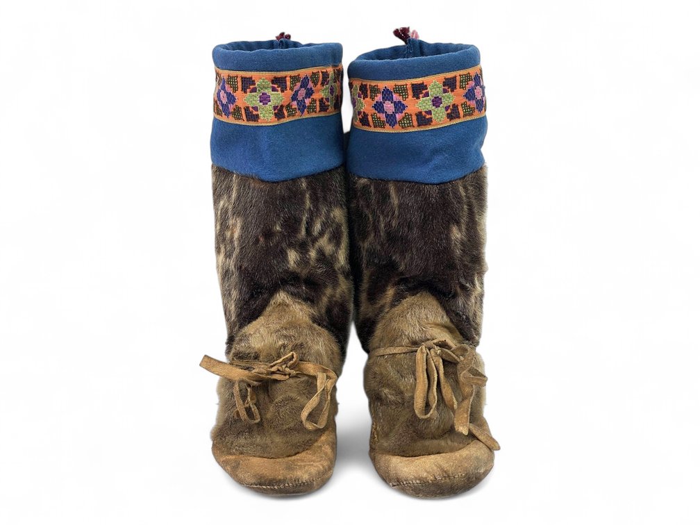 Spotted Sealskin Mukluks with Vivid Geometric Trim & Blue Felt Cuffs