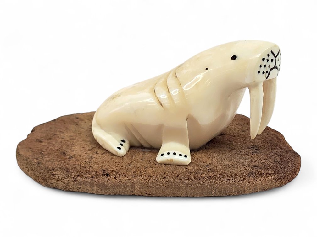 Walrus Ivory Walrus Carving on Whalebone Base