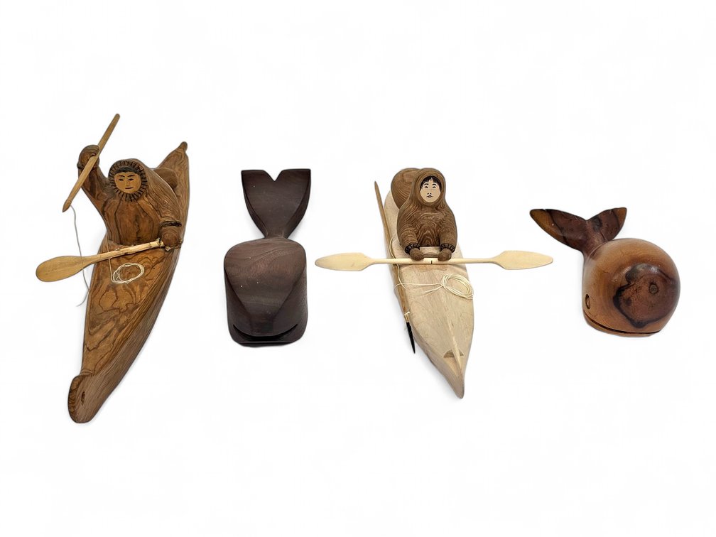 Alaska Native Wooden Kayaks & Whale Figures - Mike Theodore & L. Maxim