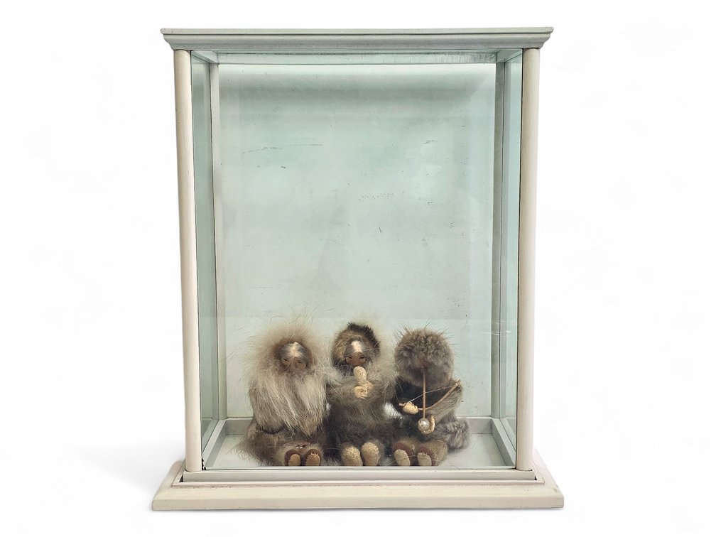 Three Eva Heffle Iñupiaq Activity Dolls with Miniature Tools & Display Case