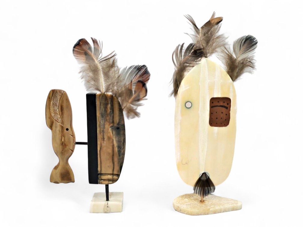 Jerome Saclamana “Whale Hunter” & “Owl Spirit” Ivory Transformation Mask Sculptures