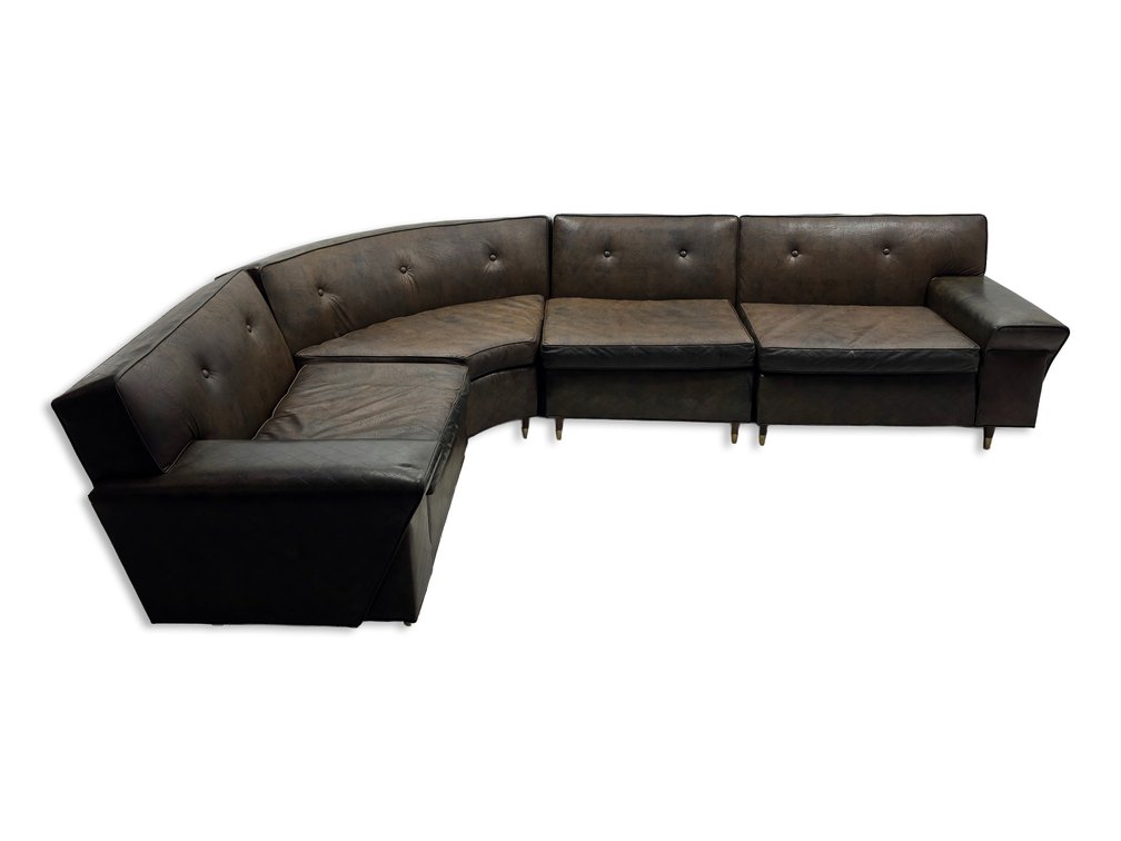 Brown Modular Sectional Sofa with Tufted Cushions & Mid-Century Styling