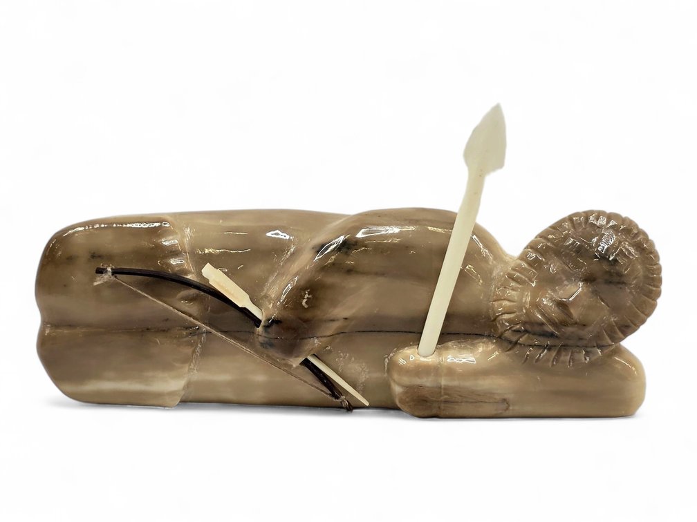 Earl Mayac Mineralized Walrus Ivory Resting Hunter with Hunting Equipment