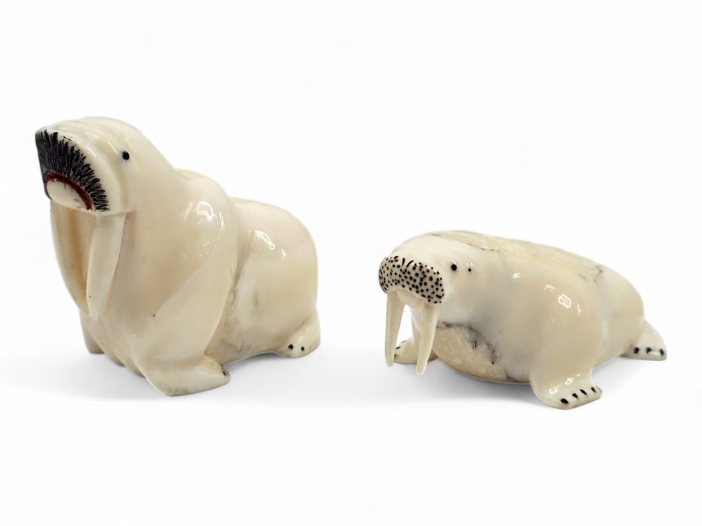 Two Walrus Ivory Walrus Carvings, One Initialed C.K.