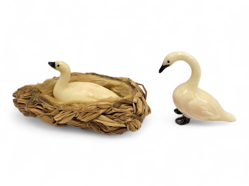 Walrus Ivory Swan Carvings with Grass Nest & Eggs