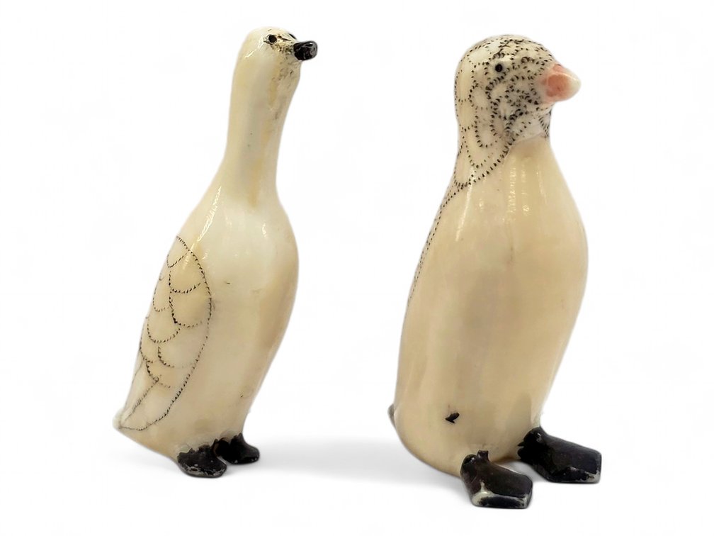 Two Miniature Walrus Ivory Bird Carvings