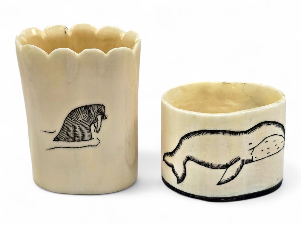 Gabe Penatac & Mike Saclamana Jr. Scrimshaw Walrus Ivory Toothpick Holders