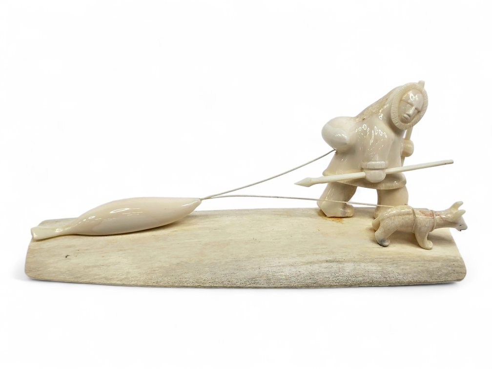 Justin Tiulana Walrus Ivory & Antler Seal-Hunting Diorama with Hunter and Dog