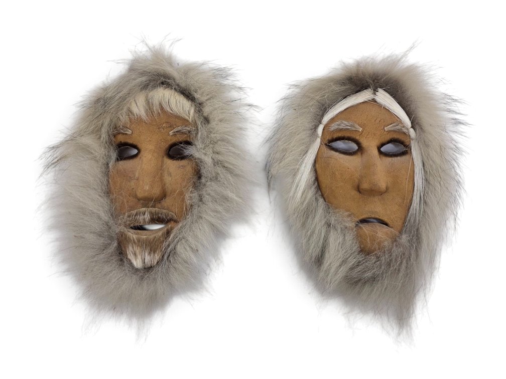 Alaska Native Caribou Hide Face Masks with Gray Fox Fur Ruffs