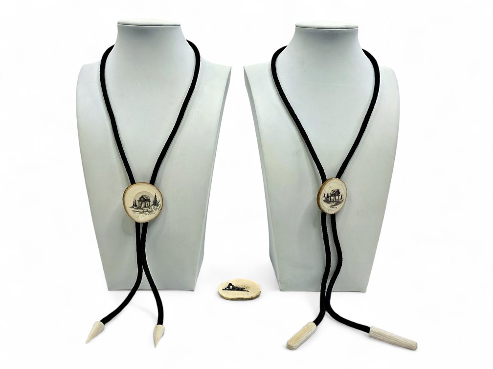 Wilbur Walluk Scrimshaw Bolo Ties & Walrus Ivory Sled-Dog Pin