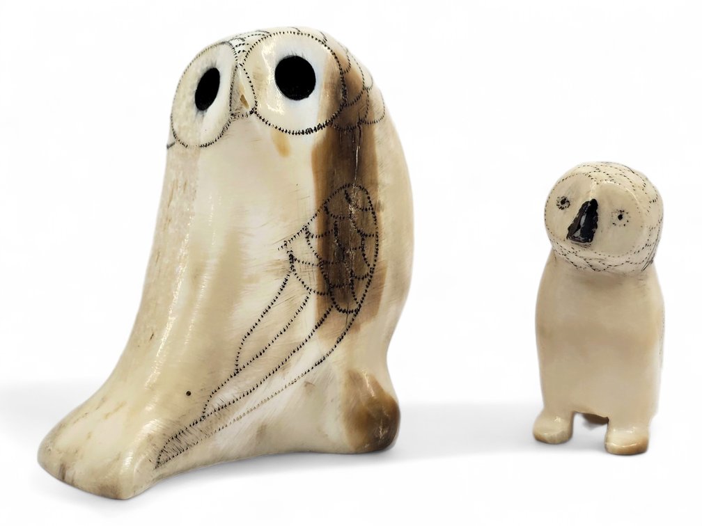 Pair of Walrus Ivory Owls with Scrimshaw Plumage