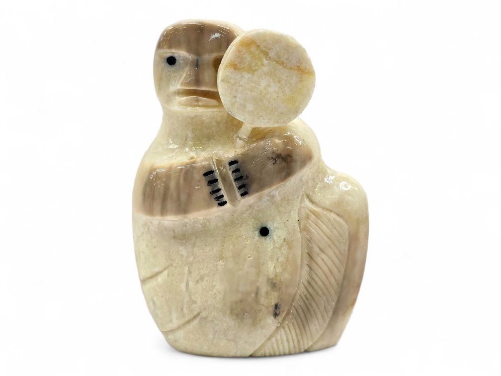 Jerome K. Saclamana “Whale Shaman” Walrus Ivory Drummer Sculpture, 3 Inches