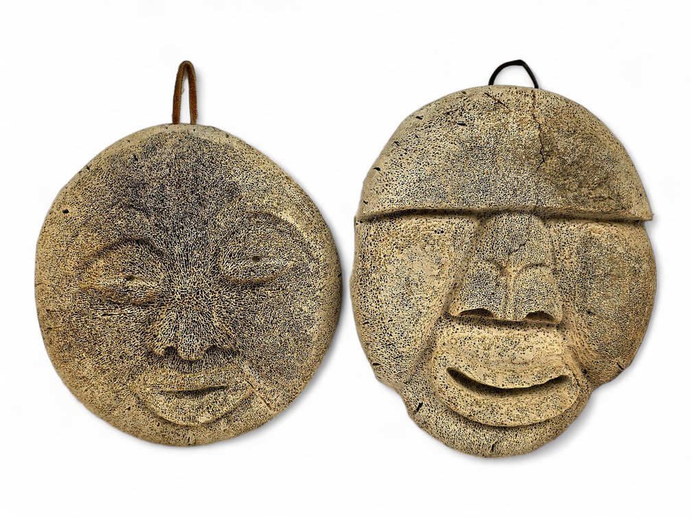 Two Expressive Whalebone Hanging Face Masks