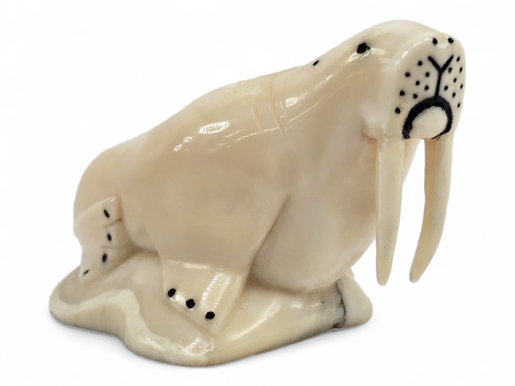 Walrus Ivory Walrus on Rock-Form Base with Scrimshaw Details