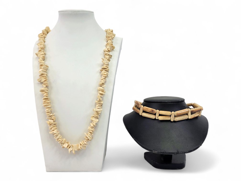 Walrus Ivory Opera-Length Bead Necklace & Two-Strand Mineralized Ivory Choker