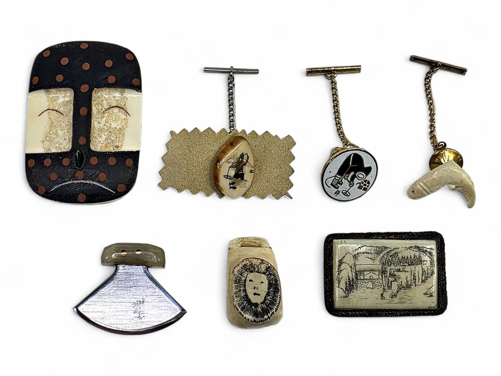Eugene Tiulana Walrus Ivory Owl Brooch & Alaska Jewelry with Miniature Ulu