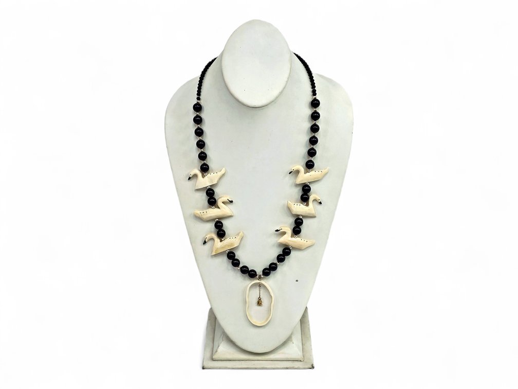 Walrus Ivory Swan & Gold Nugget Pendant Necklace with Black Beads