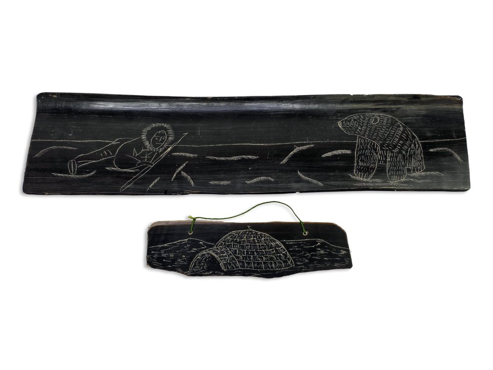 Scrimshaw Baleen Panels with Arctic Scenes, One Signed John Tegoseak