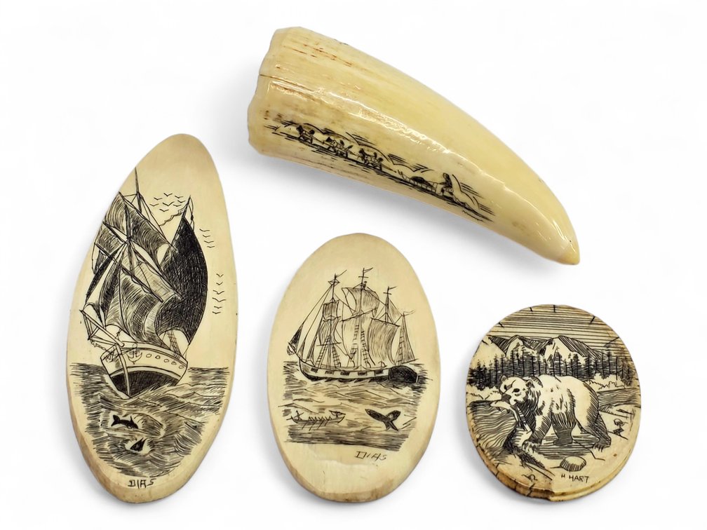 Alaska Scrimshaw Group: Whale Tooth, Dias Bone Plaques & H. Hart Mammoth Ivory