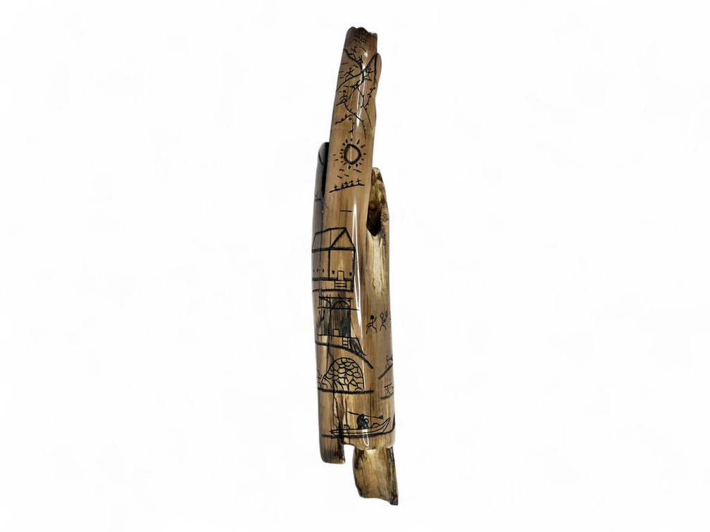 Jerome Saclamana Scrimshaw Walrus Ivory with Hunting & Umiak Scenes