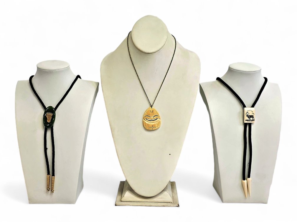 Ivory Billiken Pendant Necklace & Jade and Scrimshaw Ivory Bolo Ties