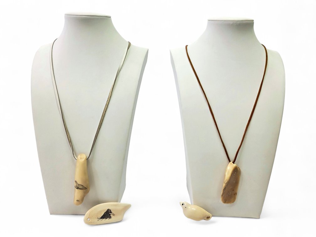 Scrimshaw Walrus Ivory Pendants & Necklaces, A.N. & Joachim Koyuk