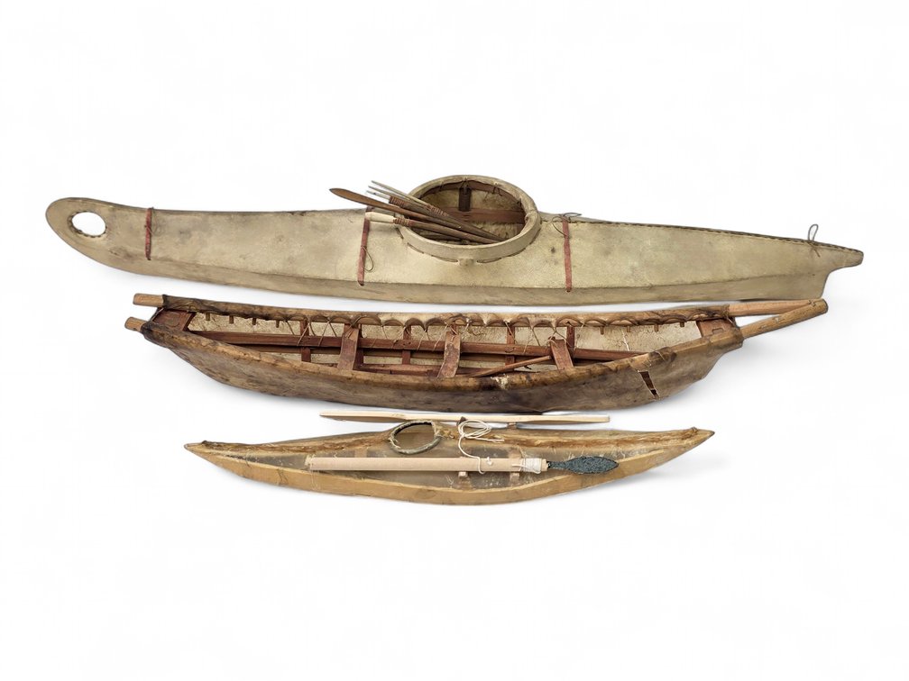 Alaska Native Kayak & Umiak Skin Boat Models with Paddles & Hunting Gear