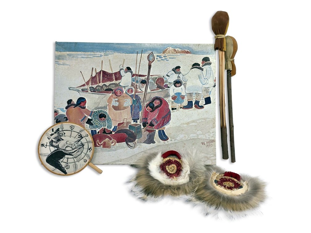 Rie Muñoz “Unloading” Puzzle with Native Hand Drum, Beaters & Grass Dance Fans