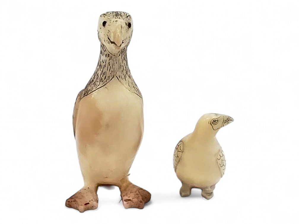 Two Walrus Ivory Puffin Carvings with Scrimshaw Details