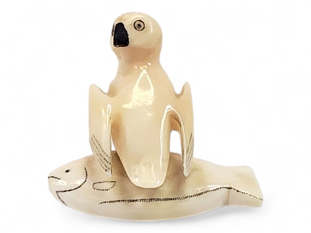Walrus Ivory Owl-and-Fish Carving