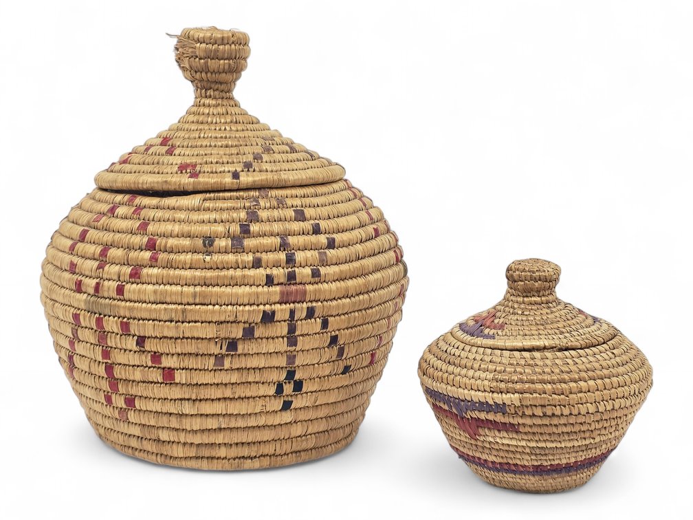 Pair of Yup’ik Lidded Coiled-Grass Baskets with Red & Purple Geometric Designs