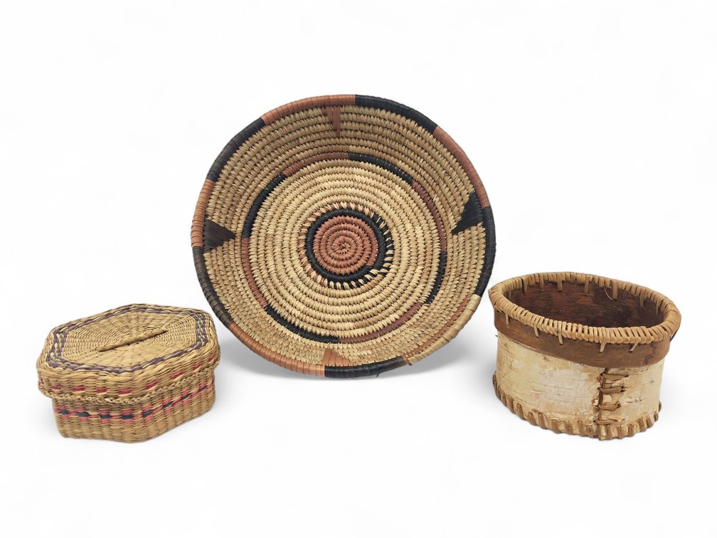 Coiled-Grass Bowl, Woven Grass Box & Athabascan Birchbark Basket