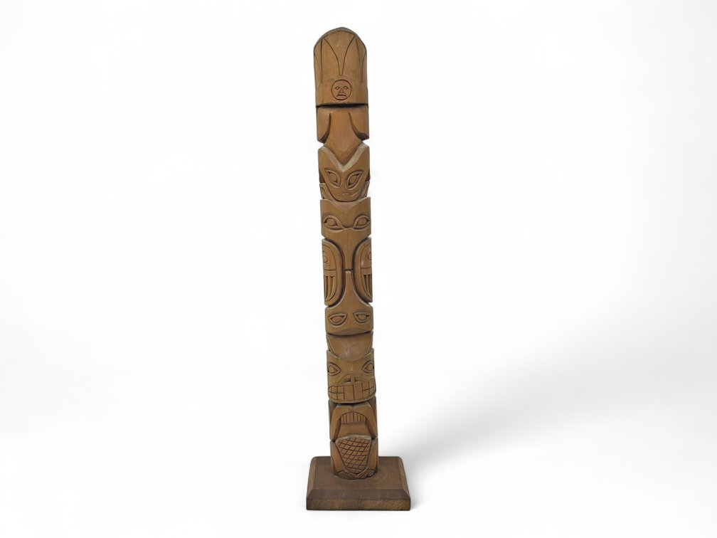 Jim Hand Carved Wooden Totem Pole, Juneau, 27 Inches Tall