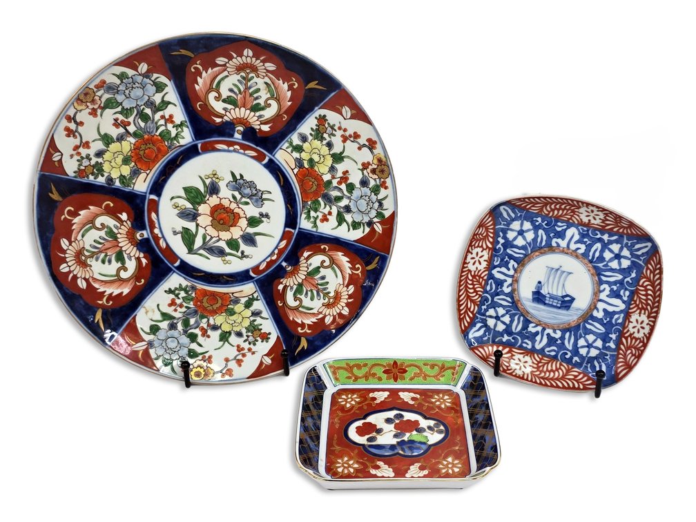 Three Japanese Imari-Style Porcelain Plates and Dishes