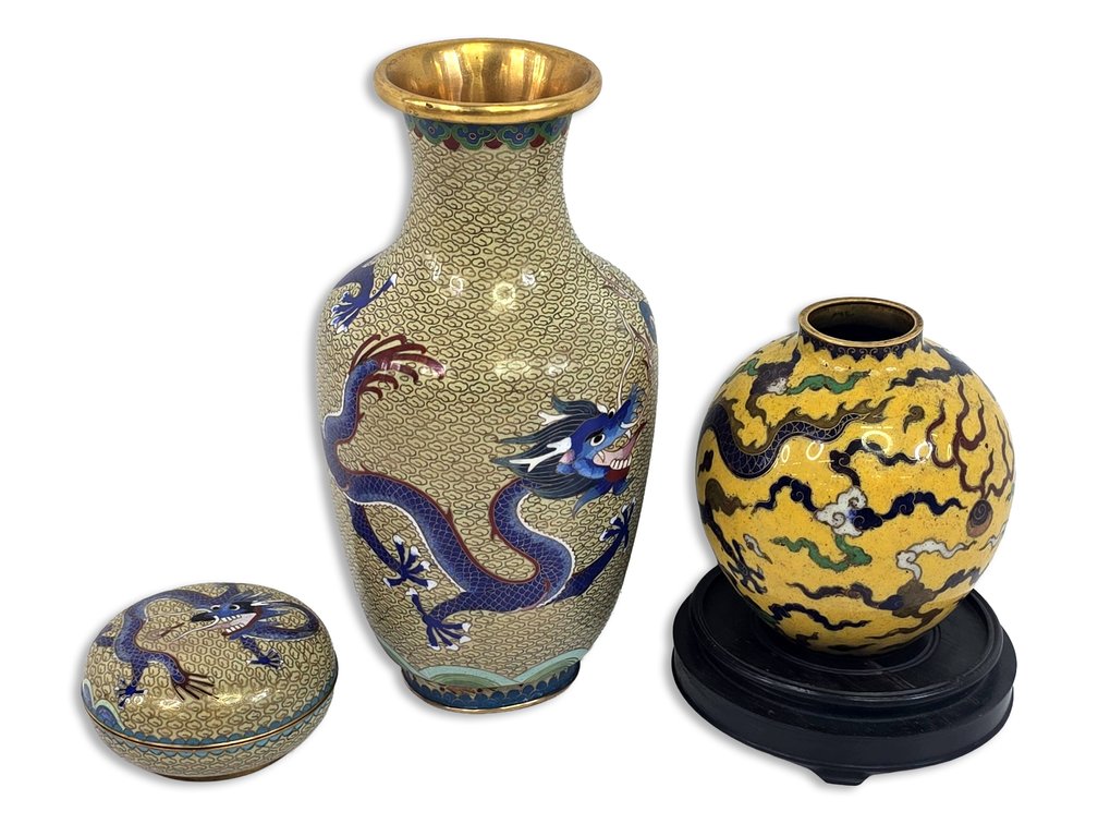 Chinese Dragon Cloisonné Vases & Lidded Box with Wooden Display Stand