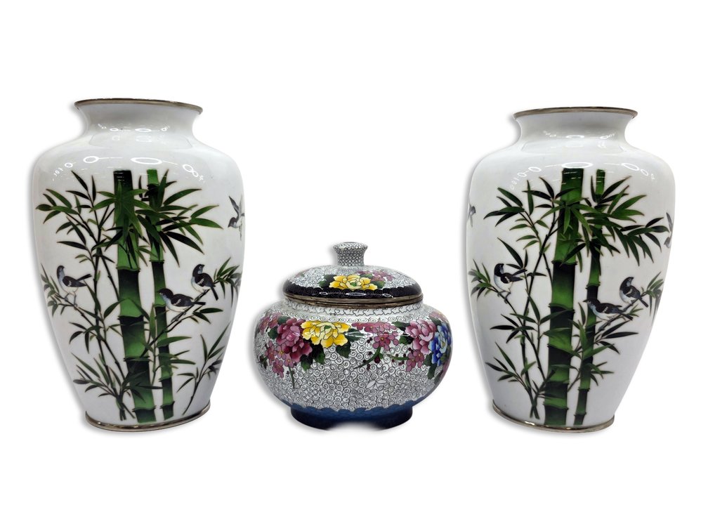 Japanese Cloisonné Enamel Group: Bamboo & Bird Vases and Chrysanthemum Jar