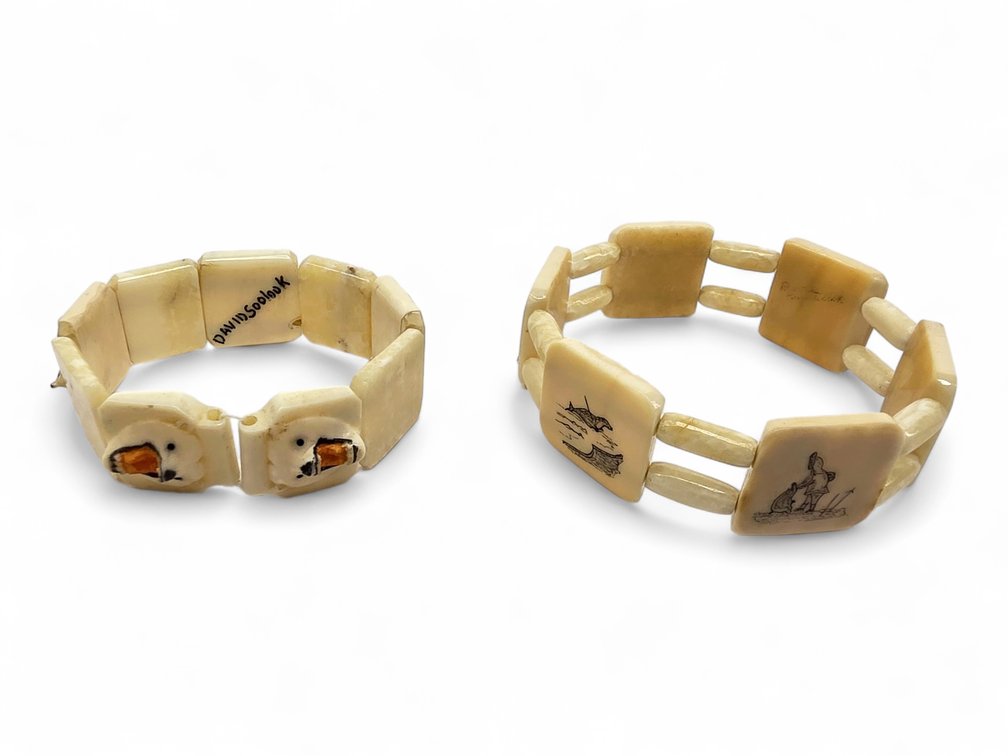 David Soolook Carved Walrus Ivory Animal Bracelet & Scrimshaw Hunting Bracelet