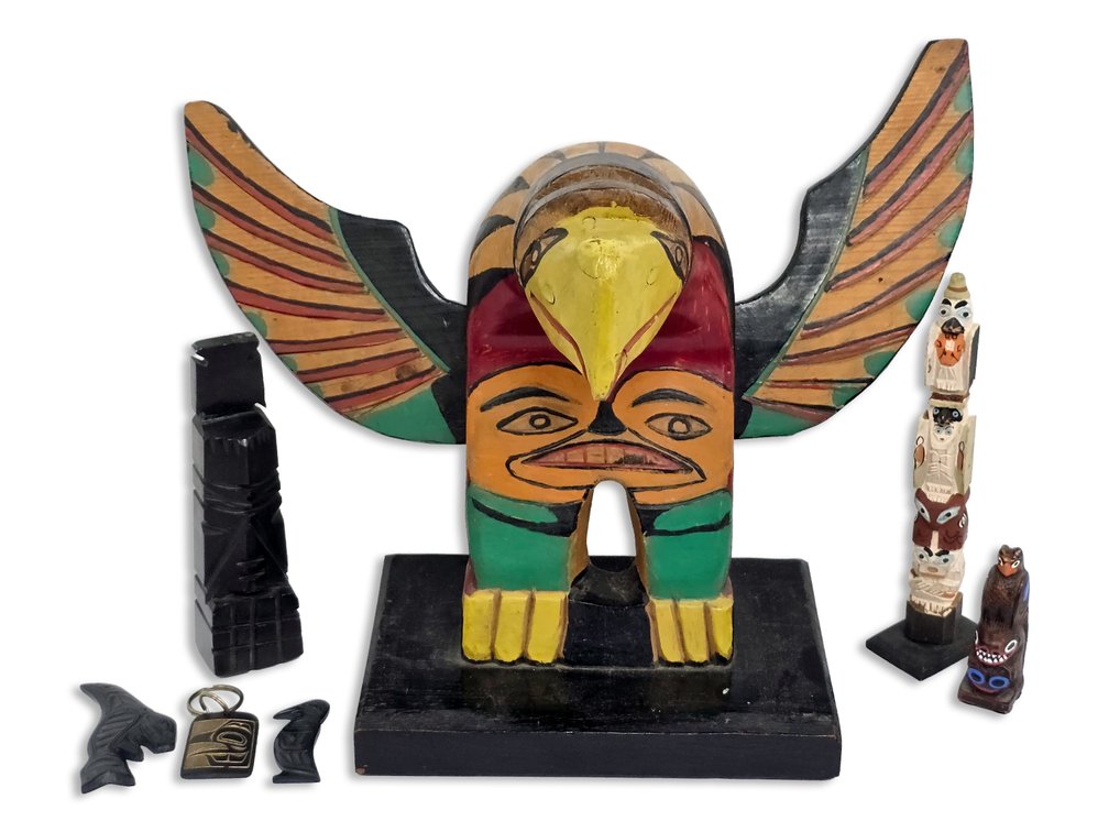 Northwest Coast-Style Carvings, Brian White Raven Pendant and Stone Figure