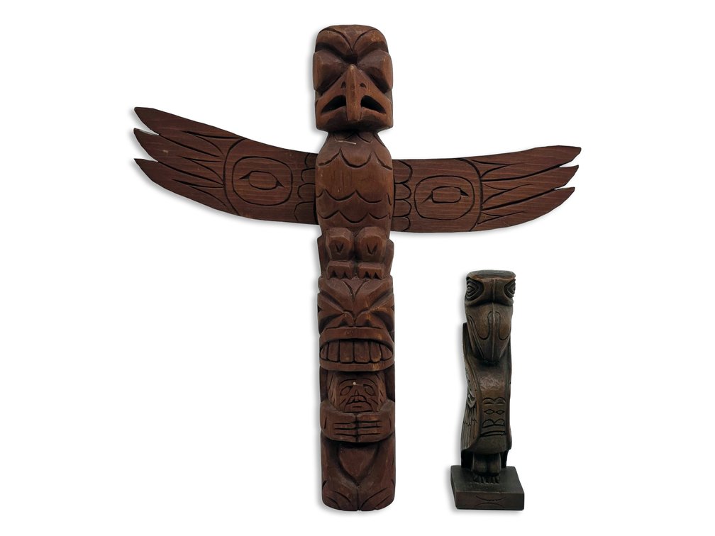 Arthur Johnson Thunderbird Totem Carving, Labeled Tlingit, & Eagle Figure