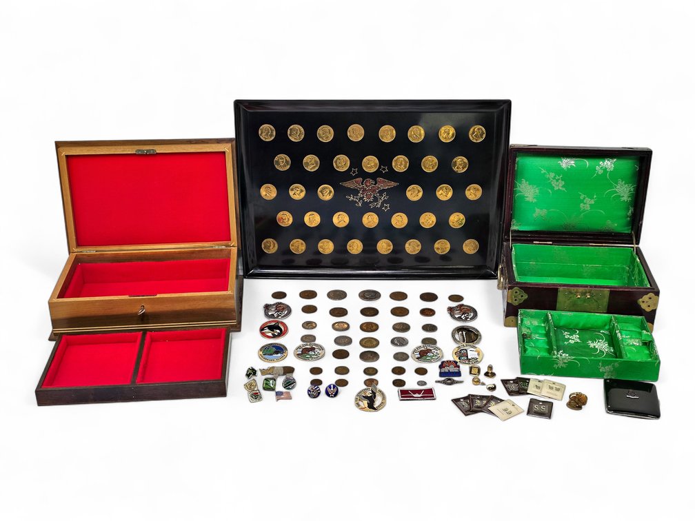 Collector’s Group: Couroc Coin Tray, Jewelry Boxes, Coins & Fur Rendezvous Pins